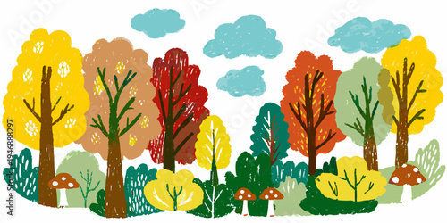 Colorful autumn trees and mushrooms in a childlike illustration style