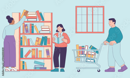 People shopping for books in a store with cart and shelves bookshelf shopping cart