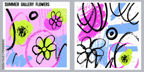 Abstract floral designs with bold colors and playful expressive lines