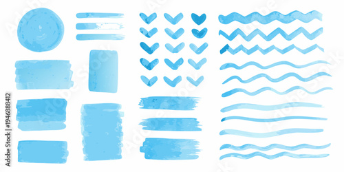 Collection of abstract watercolor brush strokes in varying blue shades