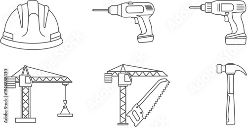 Construction equipment and safety gear illustrated in black and white