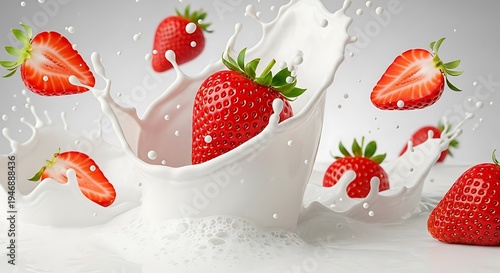 Ripe strawberries splashing into creamy white liquid with a light background.