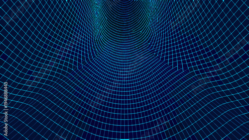 Abstract blue grid forming a warped tunnel or vortex perspective