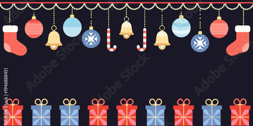 Festive christmas decorations including stockings ornaments bells and gifts