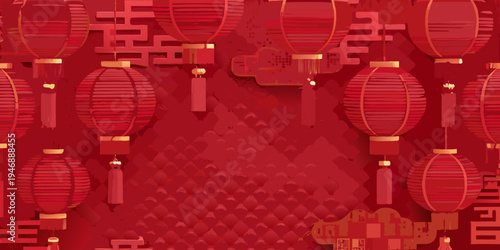 Traditional red chinese lanterns and decorative elements create a festive pattern