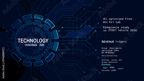 Abstract technology background with circuits text and a central dashboard display