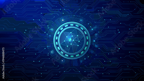 Abstract digital circuit board with a central glowing network hub
