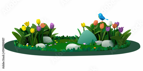 A colorful flowerbed with tulips rocks and a small blue bird