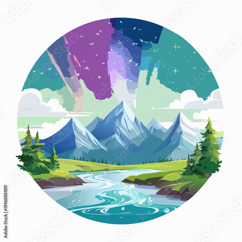 Vibrant Aurora Borealis Over Majestic Snowy Mountains and Winding River Landscape