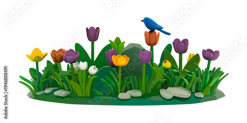 Colorful tulips and a small blue bird in a garden setting