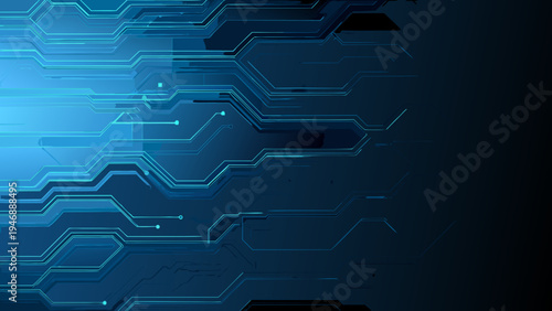 Abstract blue circuit board pattern with glowing lines and dark background