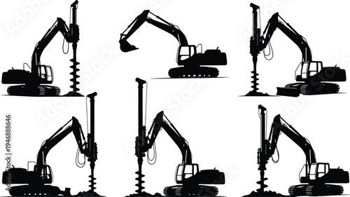 Construction excavator drilling machine silhouettes collection with hydraulic auger and digger equipment isolated on light background for industrial, engineering and building work concepts