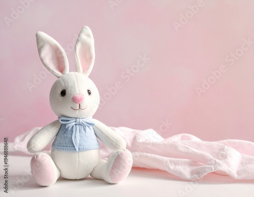 Cute plush bunny toy for newborn babies on pink background. 