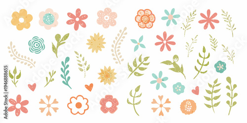 Collection of colorful hand drawn floral illustrations and botanical elements