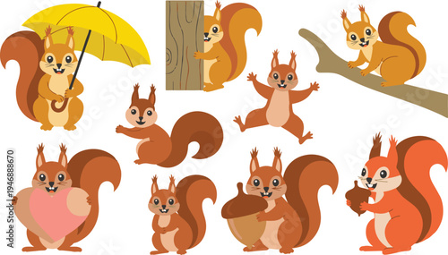 Collection of adorable cartoon squirrels depicted in various playful poses and activities against a clean background