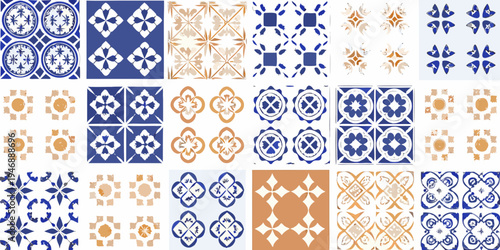 Collection of vintage blue and orange patterned ceramic tiles