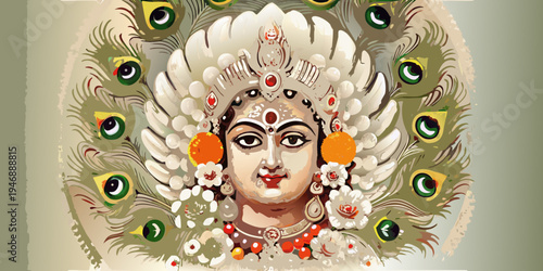 Detailed illustration of goddess durga with peacock feathers and ornate jewelry