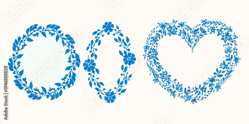 Three floral wreath shapes oval circular and heart in blue