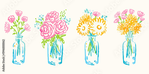 Colorful floral arrangements in sketched vases a cheerful botanical illustration