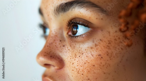 Extreme close up profile of a young woman with freckles