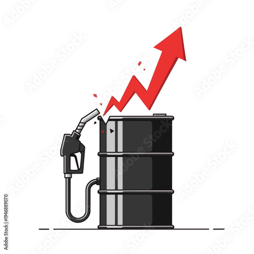Oil barrel with fuel pump nozzle and rising red arrow symbolizing increasing oil and gasoline prices. Concept of energy market growth, fuel costs and global petroleum industry