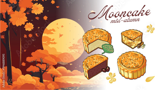 Traditional Mid Autumn Festival cakes and a golden color celebration