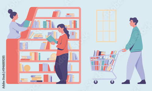 People shopping for books in a store with shelves and cart bookshelf