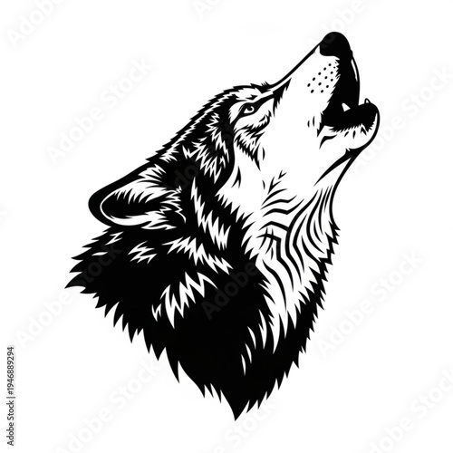 Black and white illustration of a wolf howling
