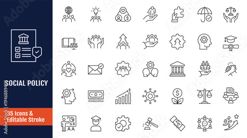 Social Policy Icons set. Includes education, reform, services, welfare, health care, legislation, society, and more. Outline icon with Editable stroke. Vector illustration