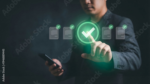 Professional using digital interface to approve or confirm a transaction on mobile device