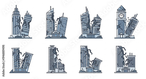 Illustrations of Collapsed and Damaged Buildings After a Disaster.