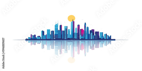 Abstract 3D blue city skyline illustration featuring business skyscraper architecture and a financial growth bar graph symbol for urban success