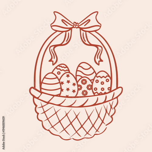 Doodle basket with eggs for Easter in the style of Coguette with a bow. Happy Easter day. Vector isolated hand drawn illustration.