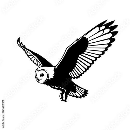 A black and white illustration of a barn owl in flight