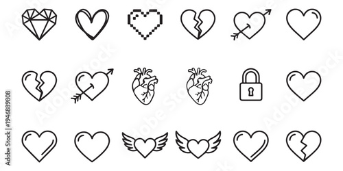 Diverse Heart Line Icon Collection including Anatomical, Geometric, Broken, and Winged Heart Symbols
