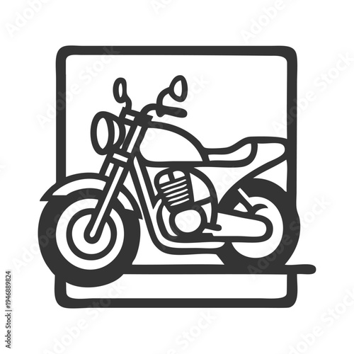 Logo concesionario de motos. Icono con dibujo sencillo con líneas de una motocicleta vista de perfil en un cuadrado 
