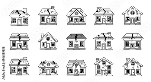 Collection of Distressed Houses in Black and White Sketch Style.