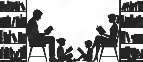Silhouette of family reading together in library bookshelves silhouettes