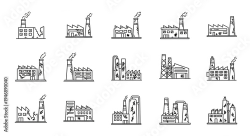 Collection of Factory Illustrations with Chimneys and Industrial Buildings.