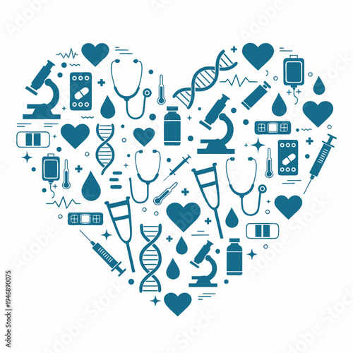 The overall impression is one of comprehensive healthcare, medicine, and well-being, all contained within the universal symbol of life and care, the heart.
