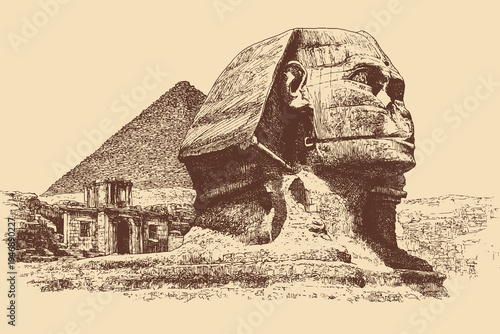 Great Sphinx of Giza, Egypt illustration in a vintage style. This vector illustration can be used in any size you like for advertising, logos, and other work.
