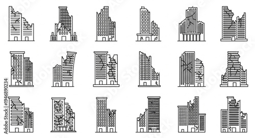 Collection of Damaged Buildings in Vector Format for Design Projects.