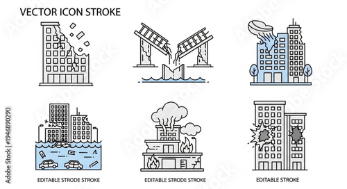 Illustrations of Various Disasters Affecting Buildings and Infrastructure.
