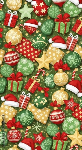 Festive Christmas pattern with ornaments, gifts, and Santa hats.