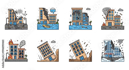 Illustrations depicting various natural disasters affecting buildings.