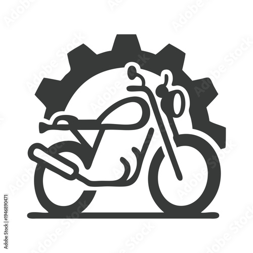 Logo taller mecánico de motos. Icono con dibujo sencillo de motocicleta vista de perfil con engranaje