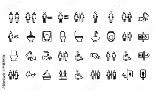Minimal restroom and toilet outline icons with WC lavatory male female bathroom signs vector