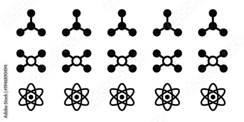 Molecular structure icon set, showcasing vector illustrations of atoms, chemical bonds, and molecules in flat black style for biology, chemistry, and nanotechnology graphics.