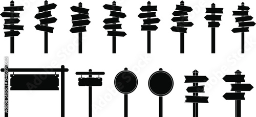 Collection of directional signpost silhouettes with arrows, navigation icons, wayfinding design elements, urban signage concept, black and white vector illustration