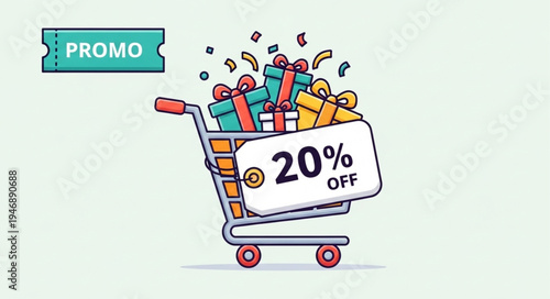 Shopping cart filled with gifts and a 20 off discount tag.